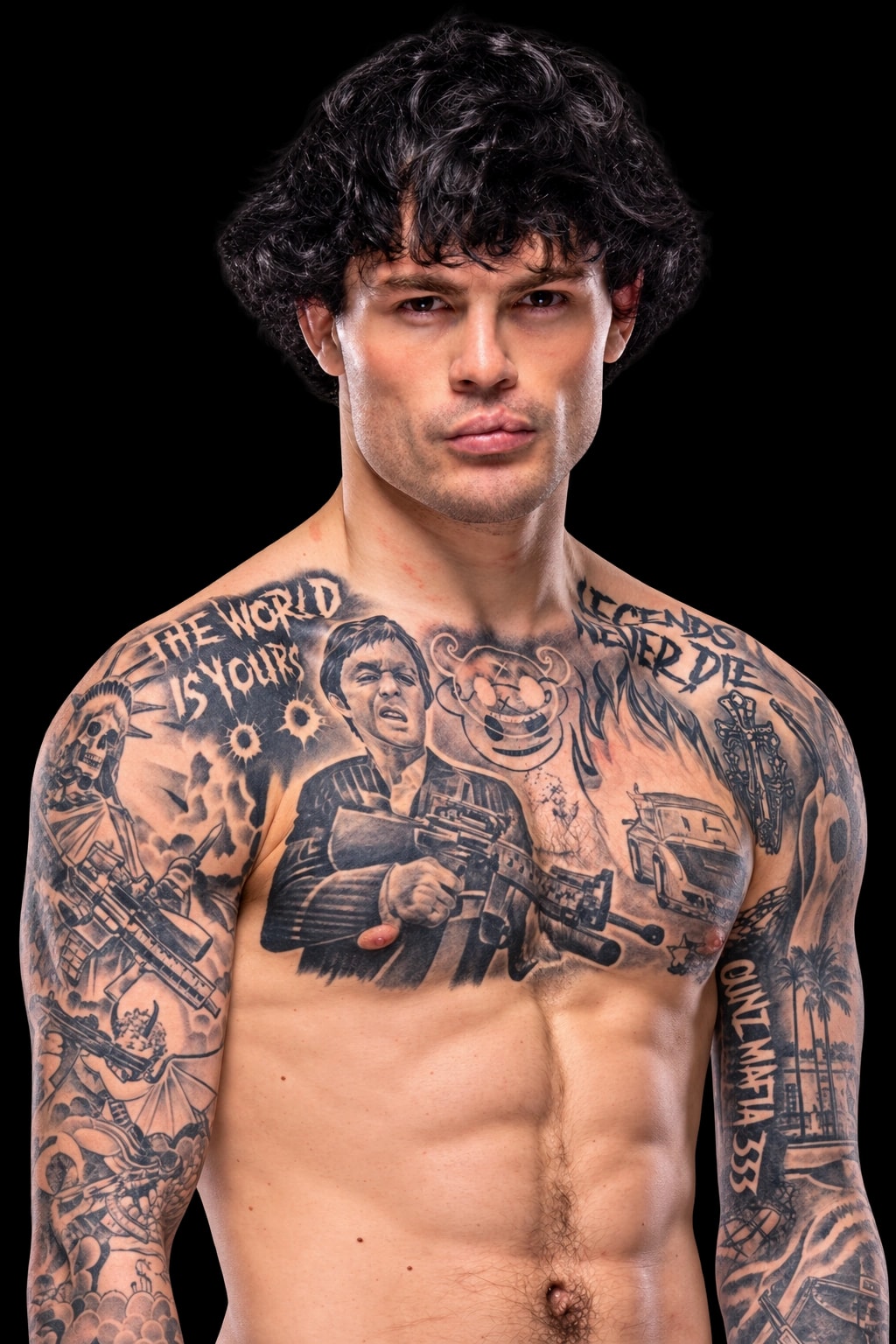 Tommy McMillen standing with his tattooed shoulders and chest visible