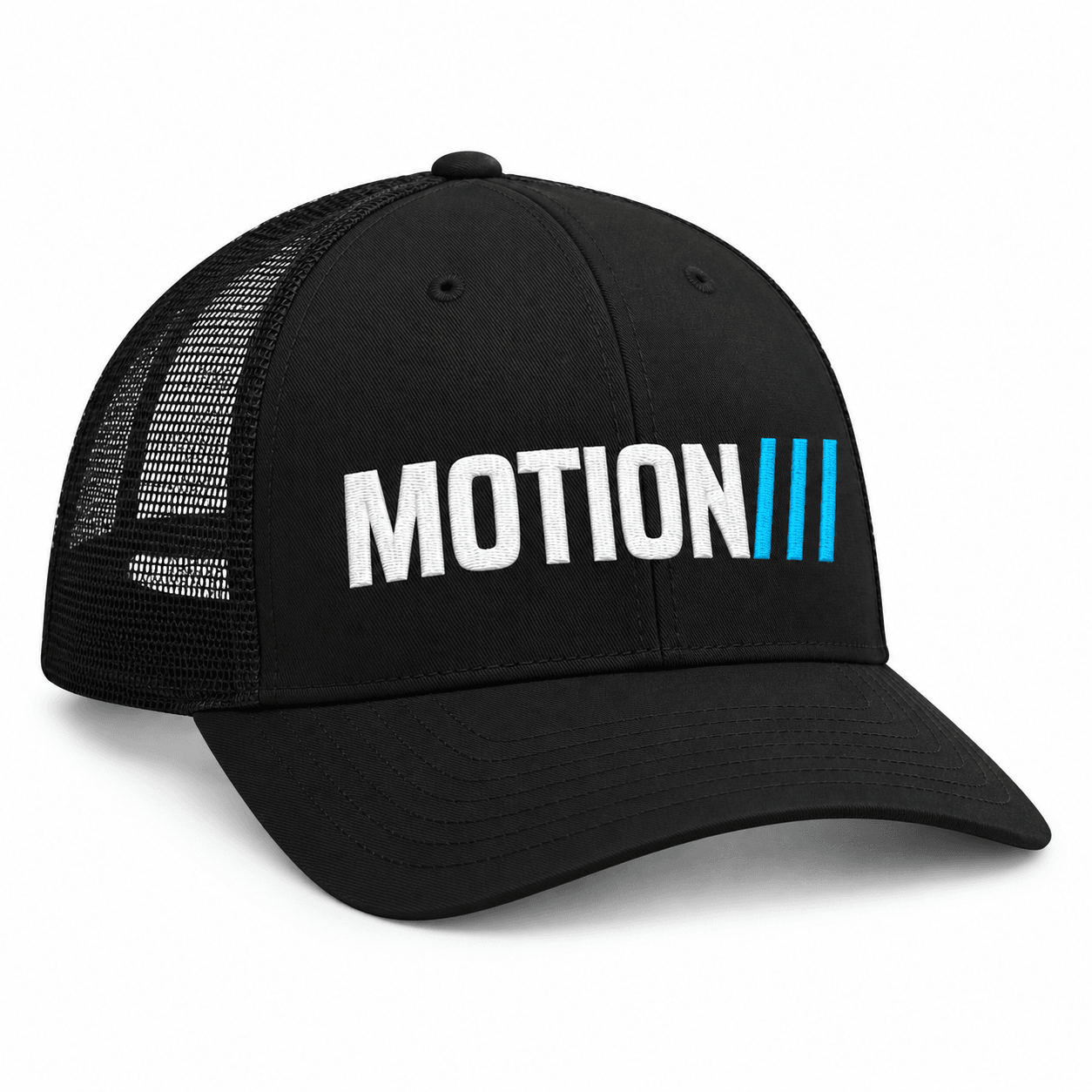Front-view mockup of the black MOTION trucker cap with white lettering and cyan slashes