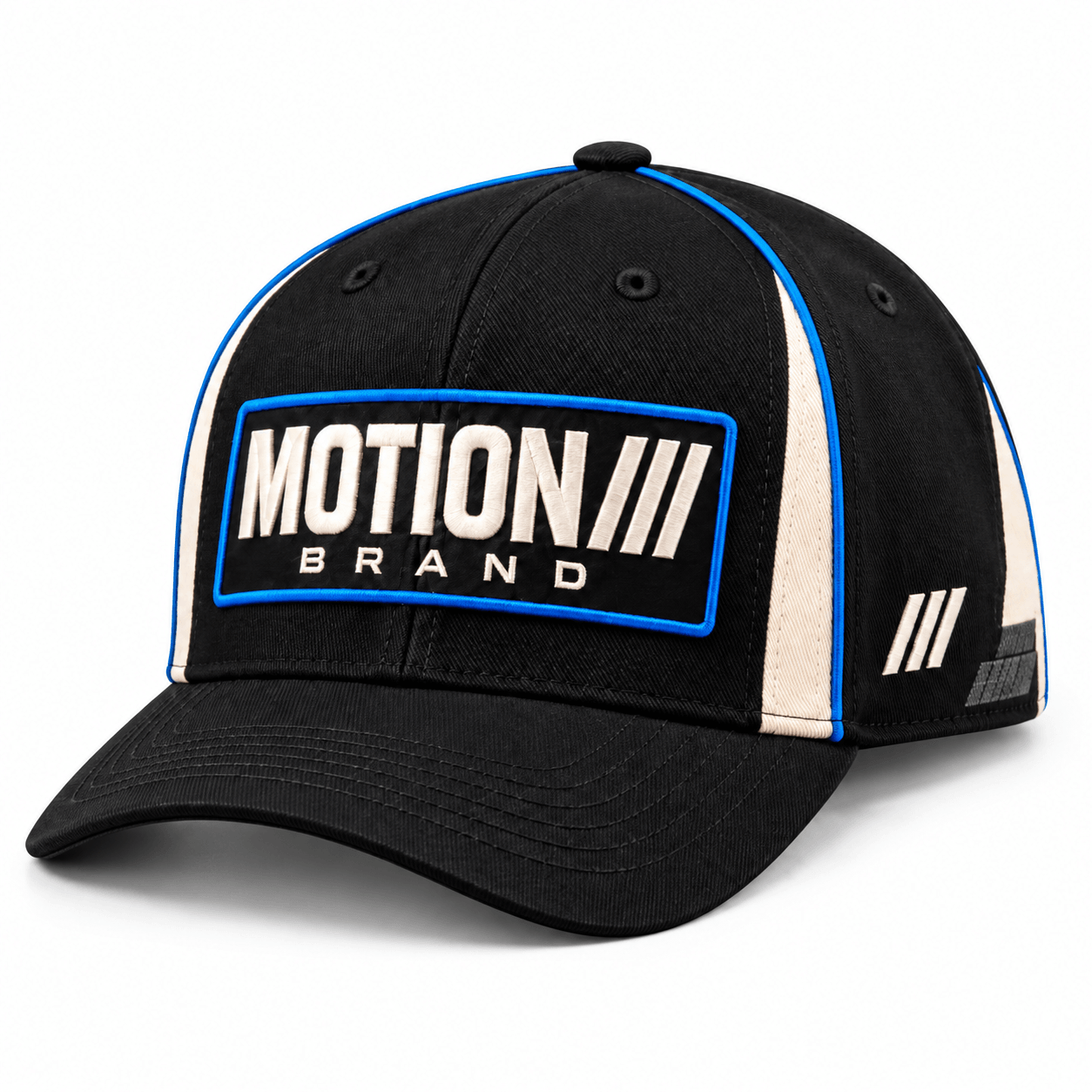 MOTION Racing Cap, photo 1: Black MOTION racing cap front view on white