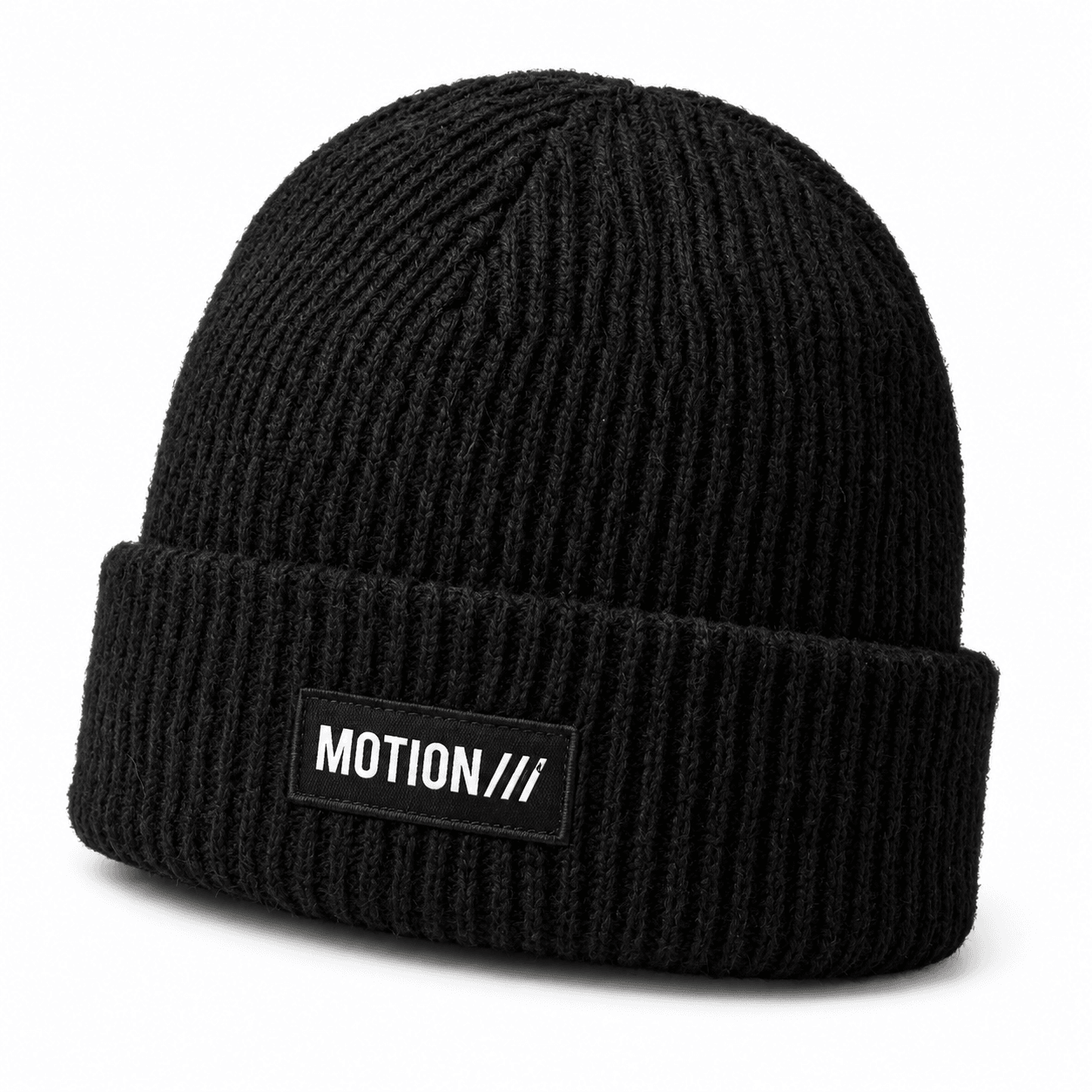 MOTION Ribbed Beanie, photo 1: Black ribbed MOTION beanie with logo patch on white