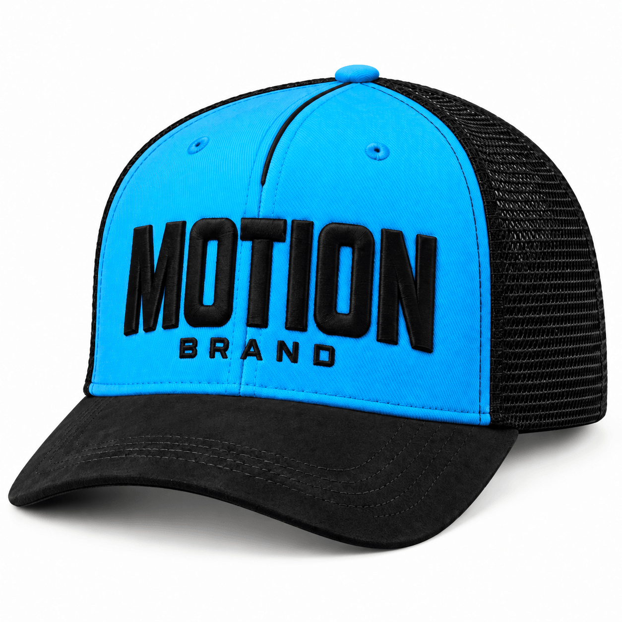 MOTION Blue & Black Trucker, photo 1: Blue and black MOTION trucker front view on white