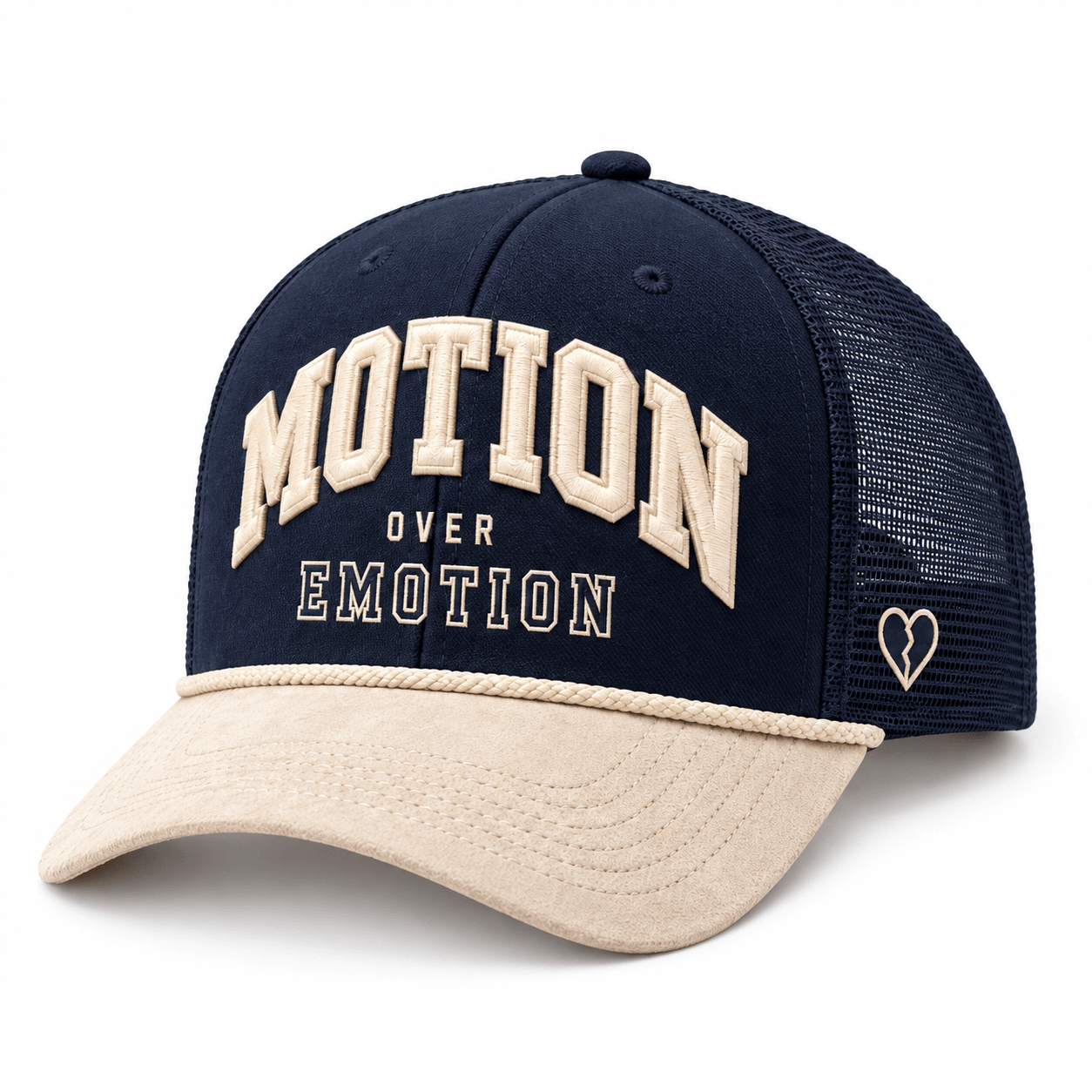MOTION Over Emotion Trucker, photo 1: Navy and cream Motion Over Emotion trucker front view on white