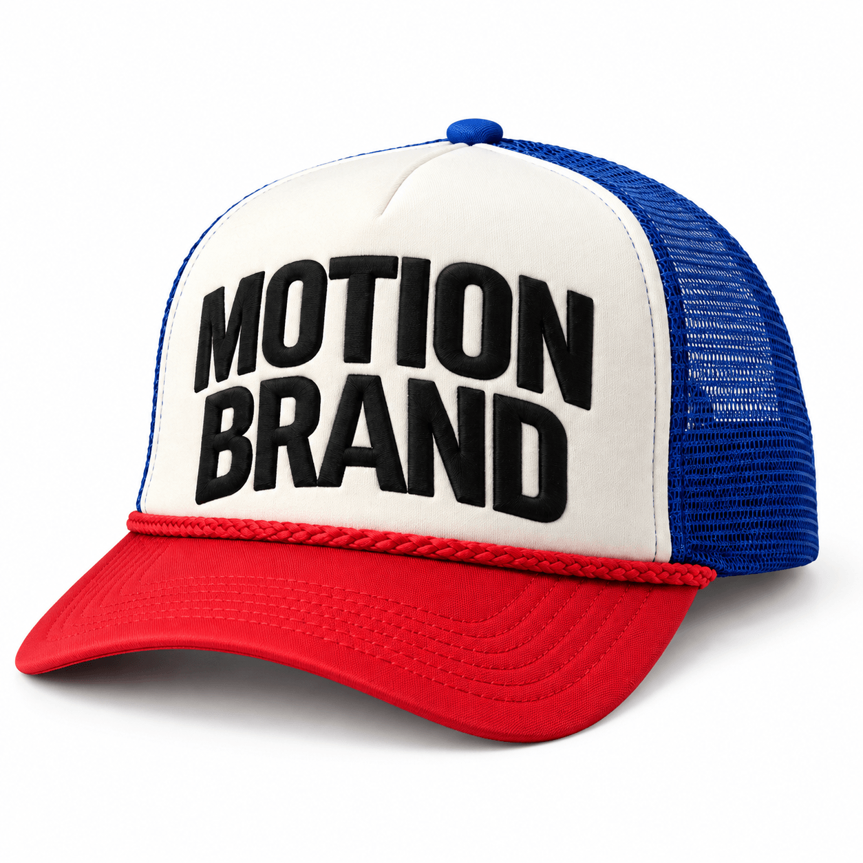MOTION Red, White & Blue Trucker, photo 1: Red, white and blue MOTION trucker front view on white