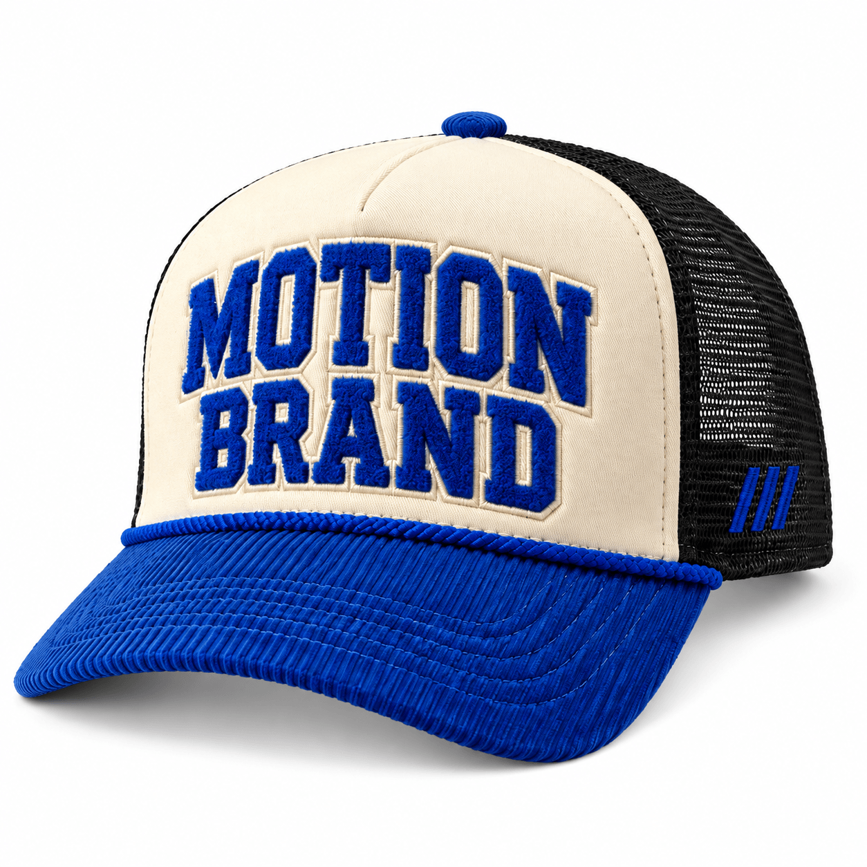 MOTION Royal Blue Trucker, photo 1: Cream and royal-blue MOTION trucker front view on white