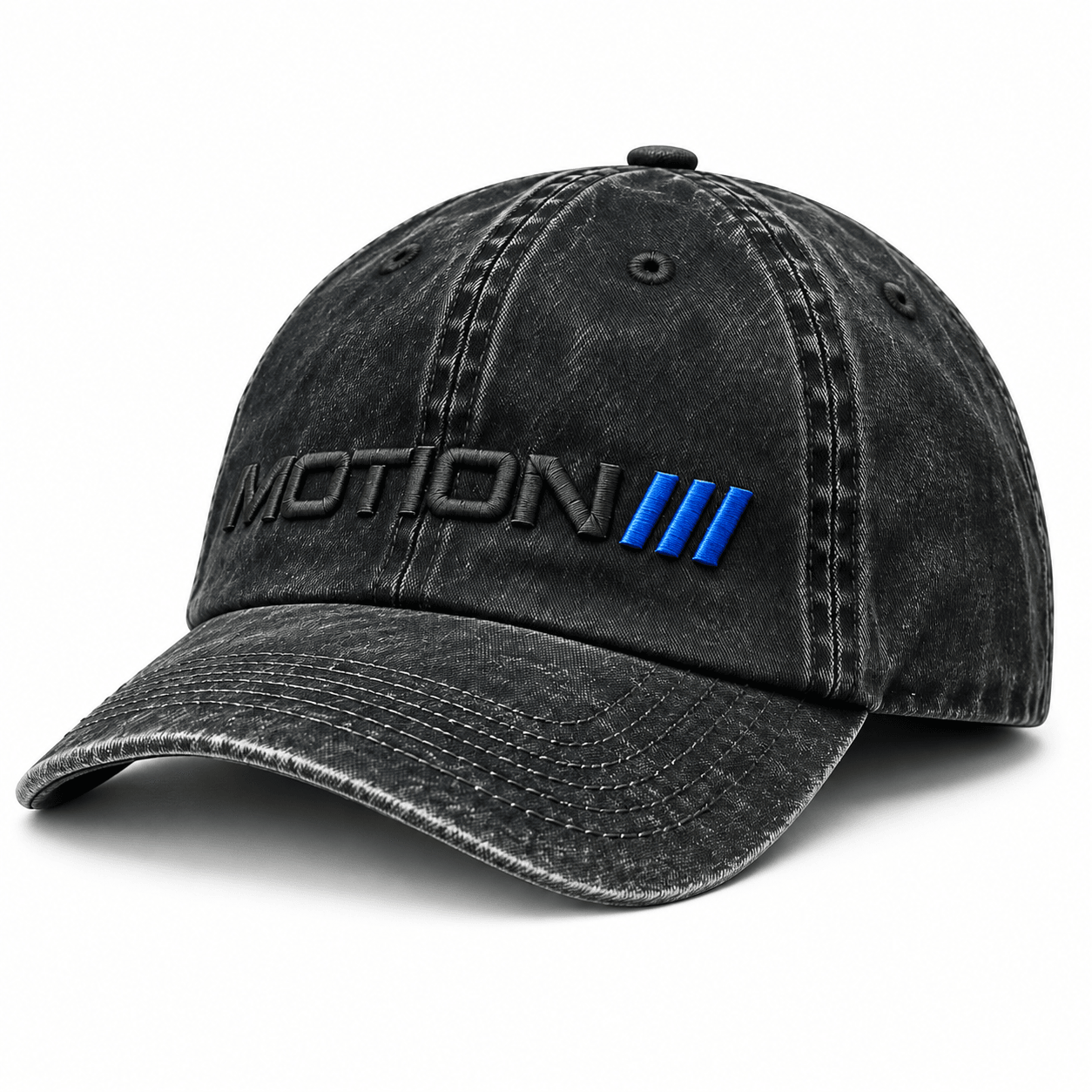MOTION Washed Cap, photo 1: Washed-black cap front three-quarter view on white