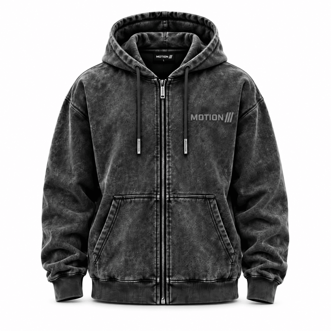 MOTION Washed Zip Hoodie, photo 1: Washed-charcoal MOTION zip hoodie front on white